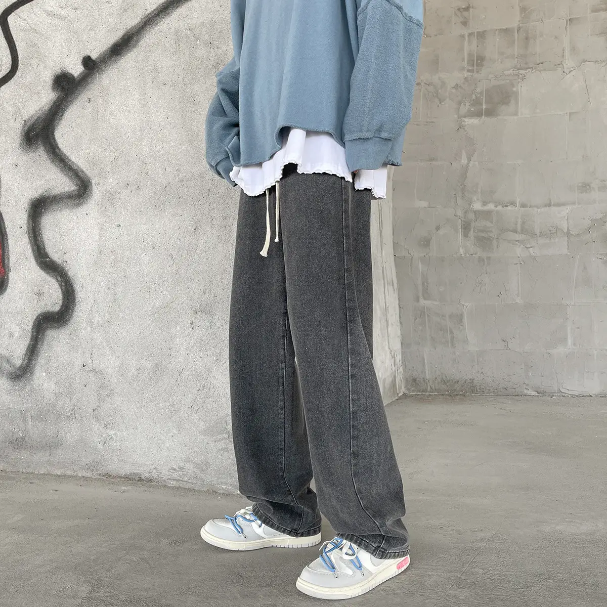 Men's Elastic Waist Jeans Vintage Washed Loose Straight Leg