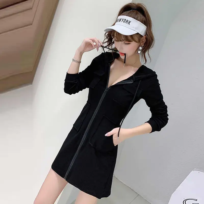 Black Hooded Long Sleeve Cotton Dress for Women - Image 2
