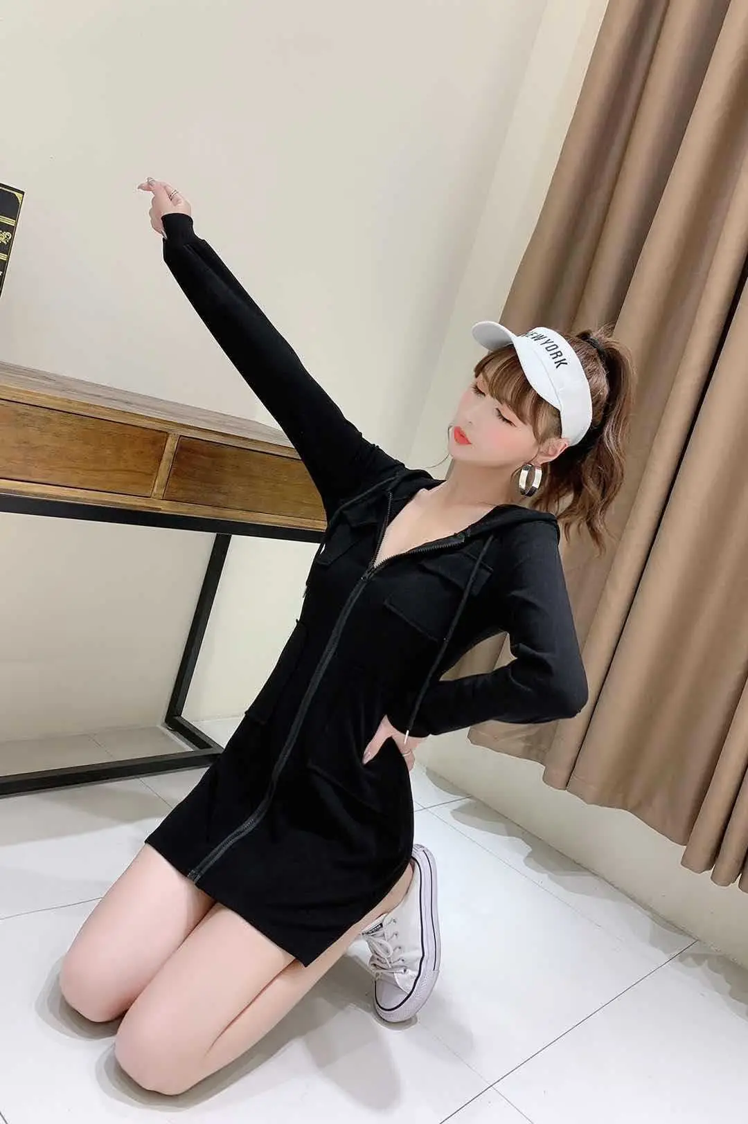 Black Hooded Long Sleeve Cotton Dress for Women — feature 10