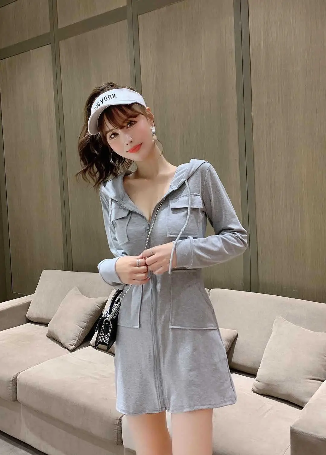 Black Hooded Long Sleeve Cotton Dress for Women — feature 13