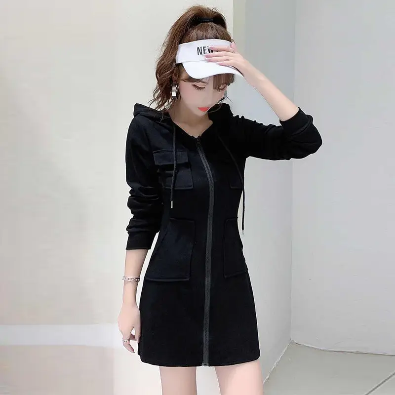 Black Hooded Long Sleeve Cotton Dress for Women — feature 3