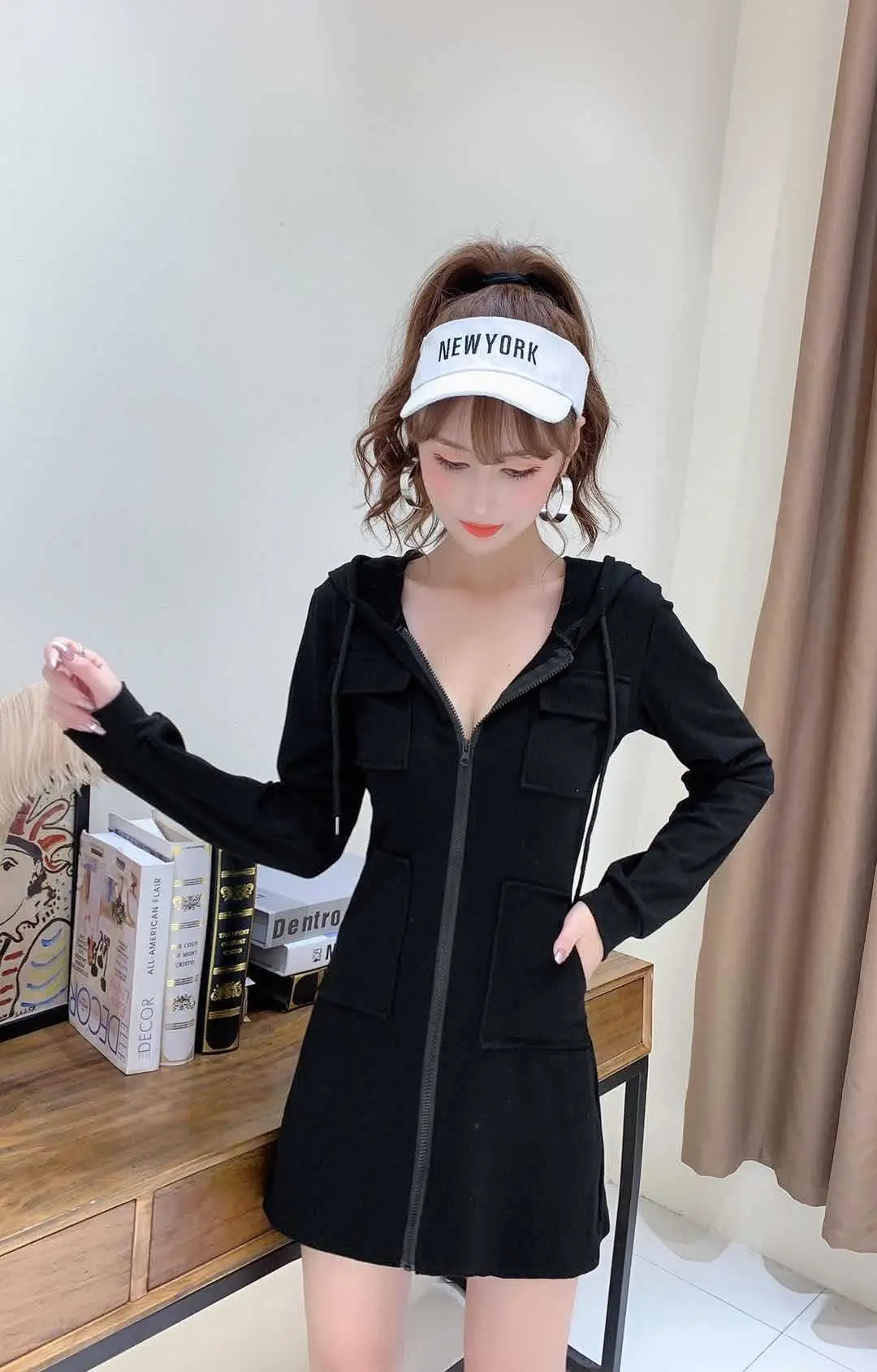 Black Hooded Long Sleeve Cotton Dress for Women — feature 4