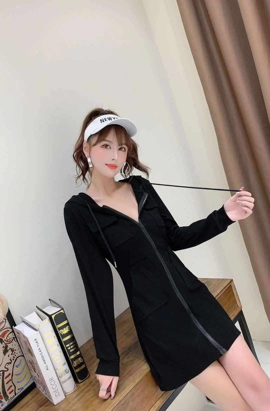 Black Hooded Long Sleeve Cotton Dress for Women — feature 5