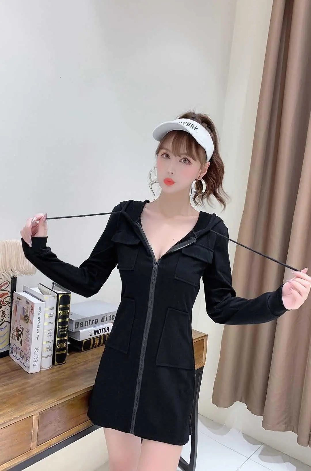 Black Hooded Long Sleeve Cotton Dress for Women — feature 6