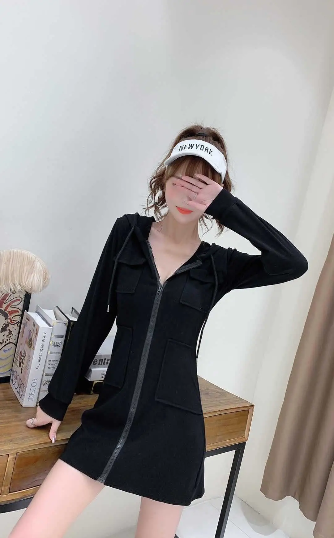 Black Hooded Long Sleeve Cotton Dress for Women — feature 7