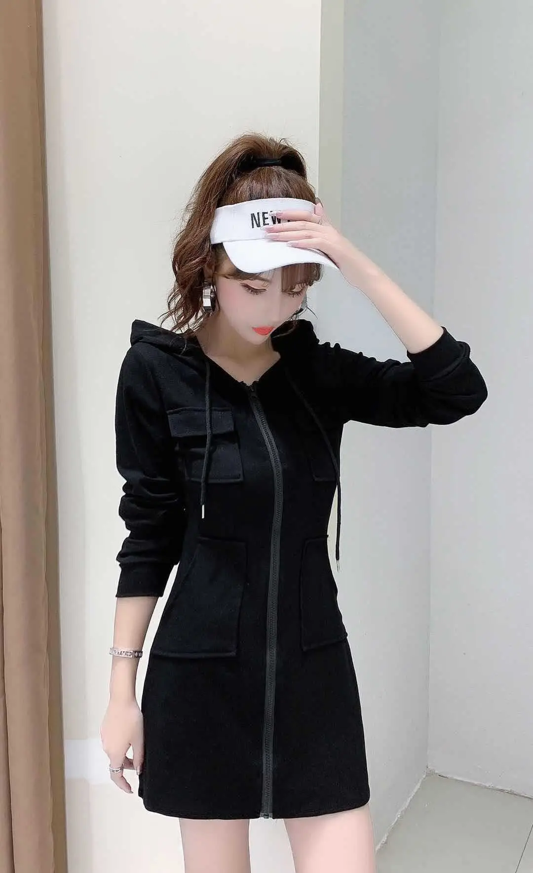 Black Hooded Long Sleeve Cotton Dress for Women — feature 8