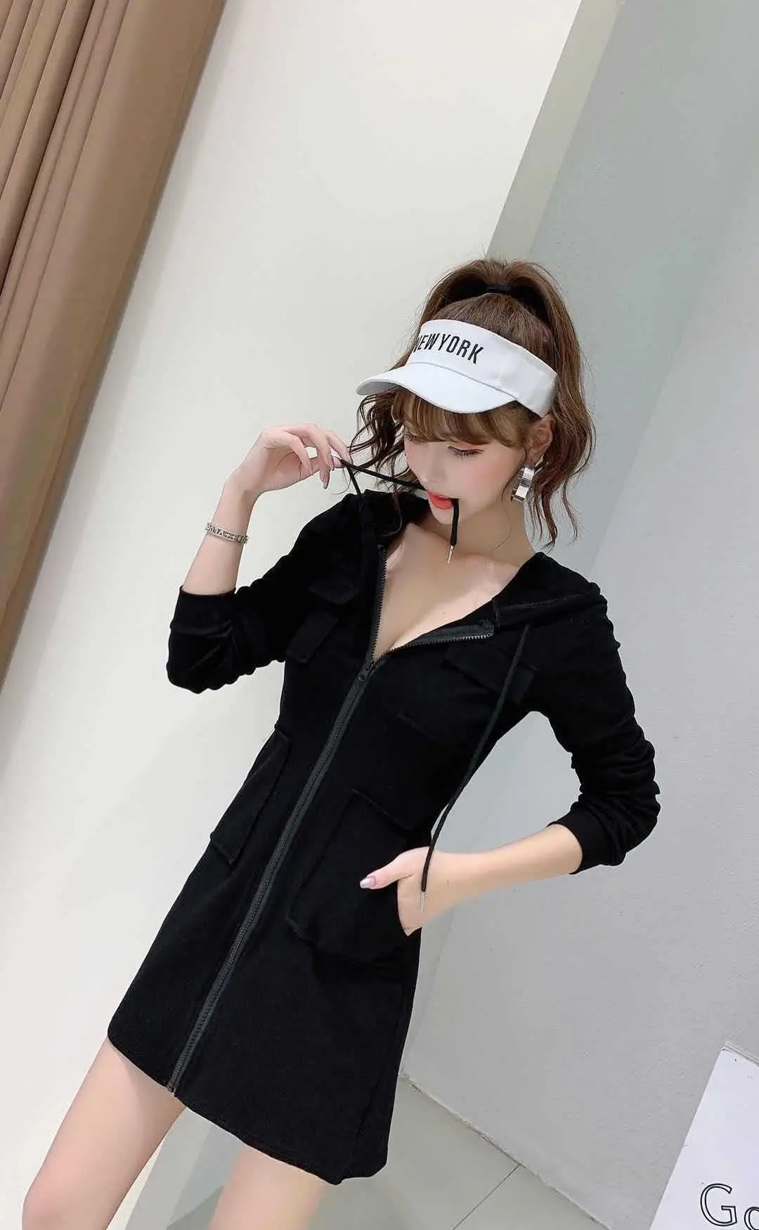 Black Hooded Long Sleeve Cotton Dress for Women — feature 9