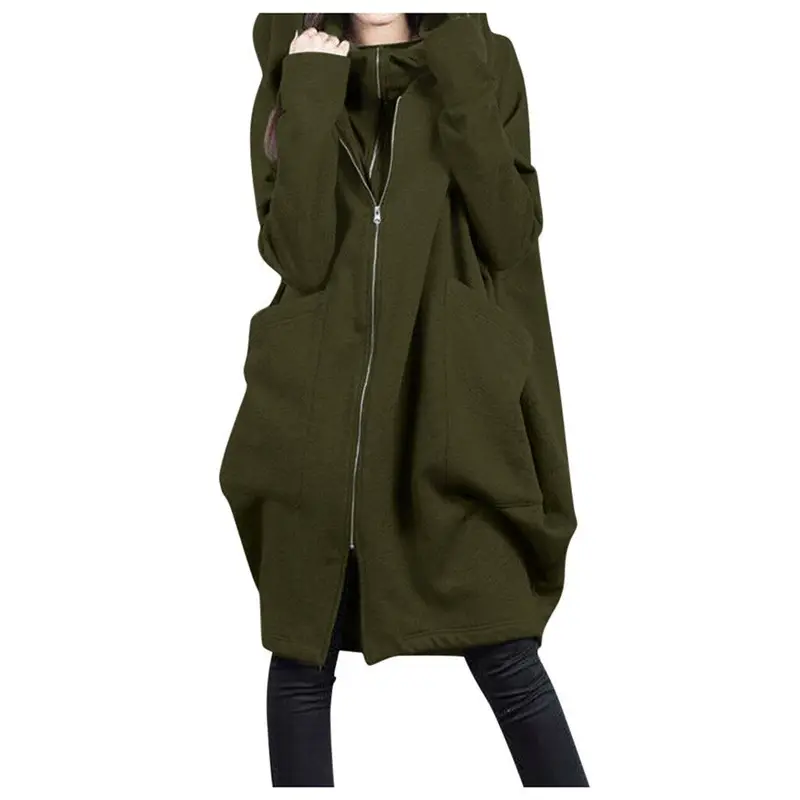 Women Red Hooded Zipper Coat Mid-Length Loose Coat - Image 10