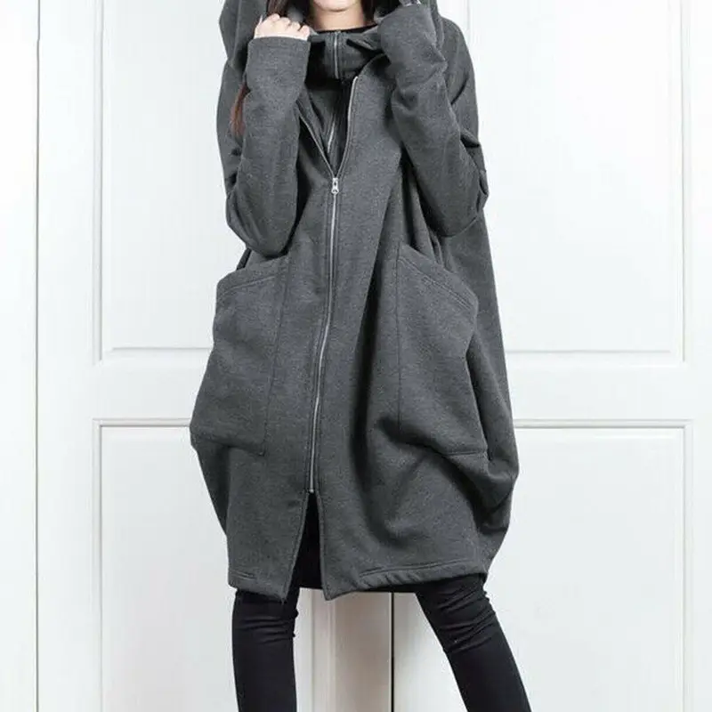 Women Red Hooded Zipper Coat Mid-Length Loose Coat - Image 11
