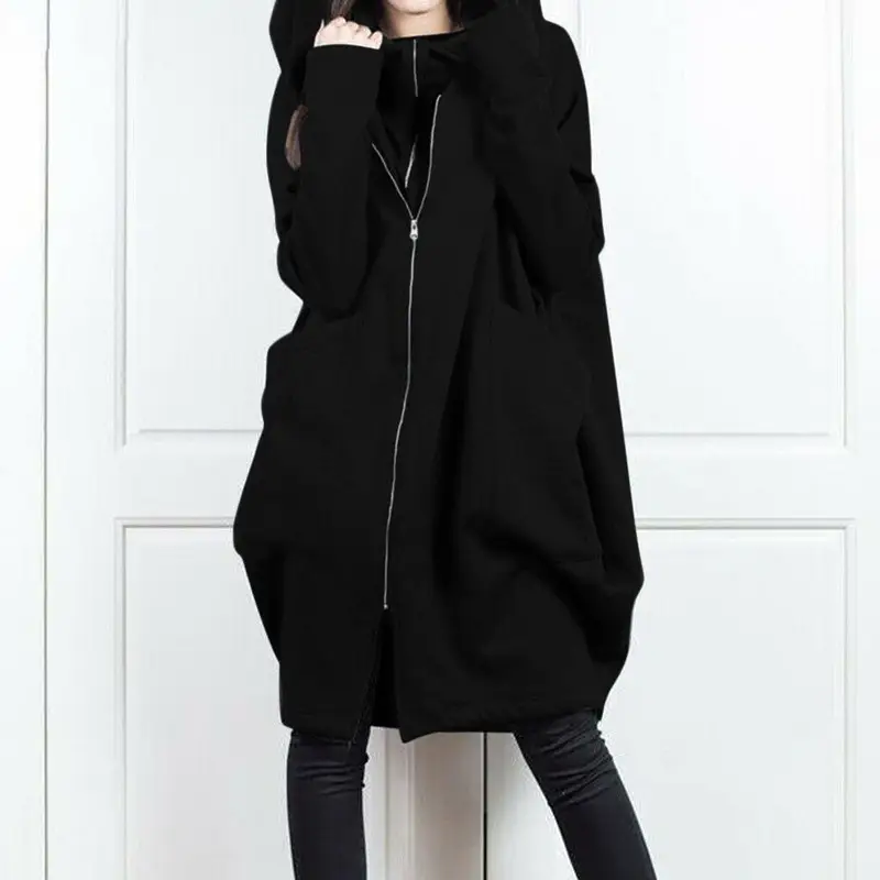 Women Red Hooded Zipper Coat Mid-Length Loose Coat - Image 12