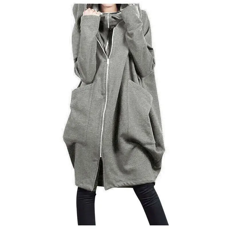 Women Red Hooded Zipper Coat Mid-Length Loose Coat - Image 13