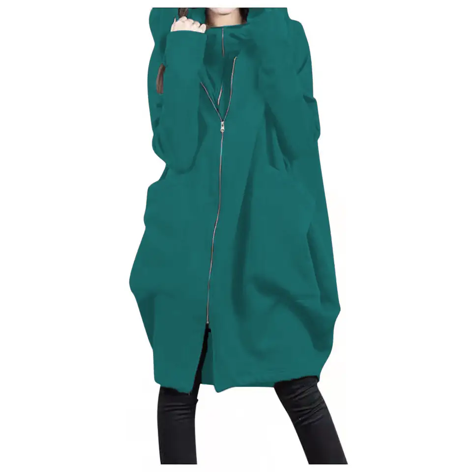 Women Red Hooded Zipper Coat Mid-Length Loose Coat - Image 5
