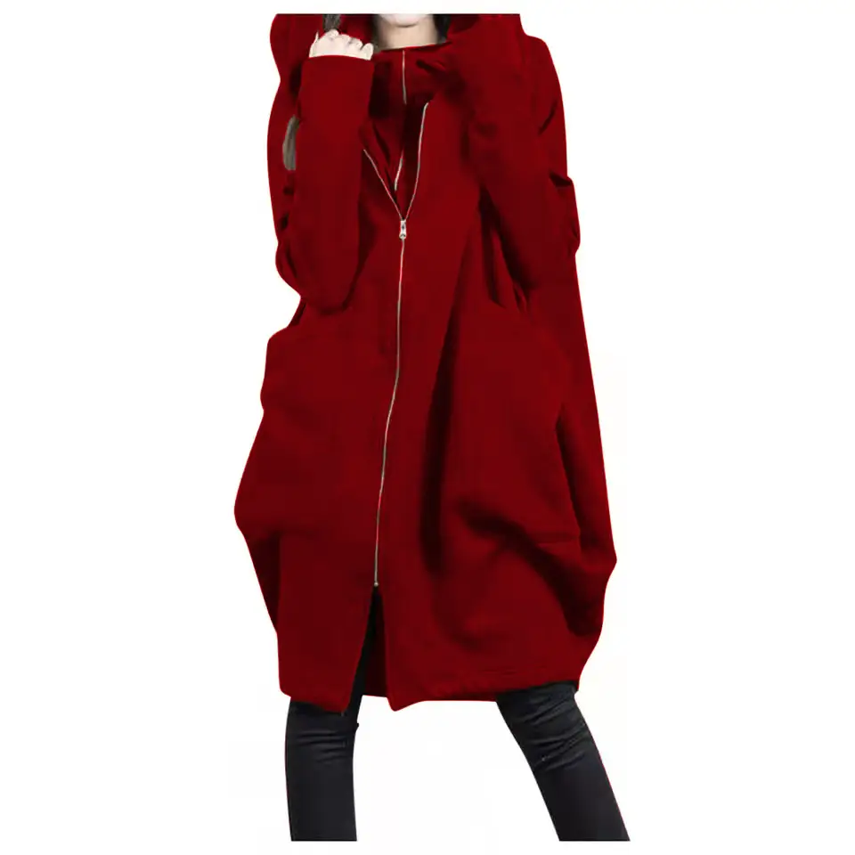 Women Red Hooded Zipper Coat Mid-Length Loose Coat - Image 7