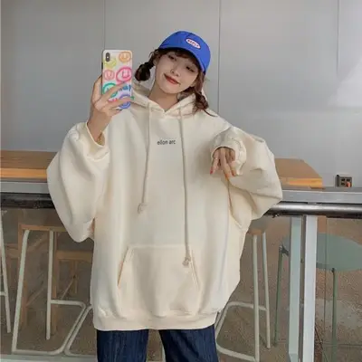 Women Hooded Sweatshirt Cream Loose Oversize Winter Coat Top - Image 5