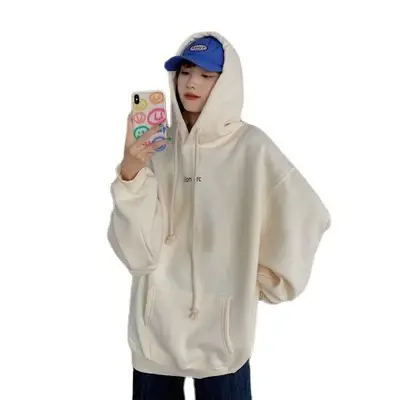 Women Hooded Sweatshirt Cream Loose Oversize Winter Coat Top - Image 8