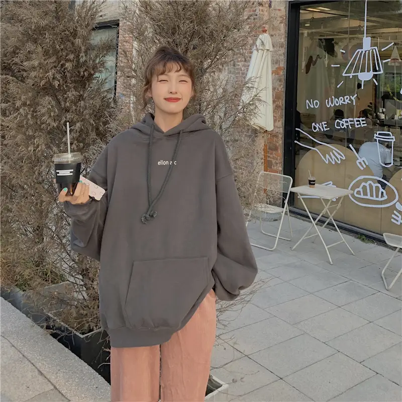 Women Hooded Sweatshirt Cream Loose Oversize Winter Coat Top — feature 14