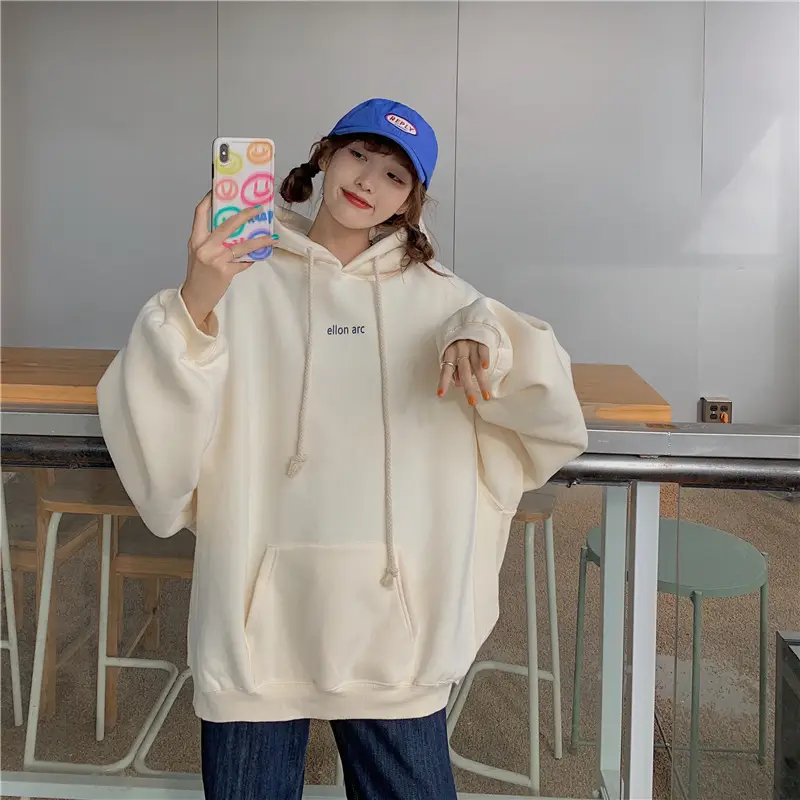 Women Hooded Sweatshirt Cream Loose Oversize Winter Coat Top — feature 16