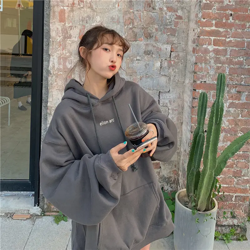 Women Hooded Sweatshirt Cream Loose Oversize Winter Coat Top — feature 17