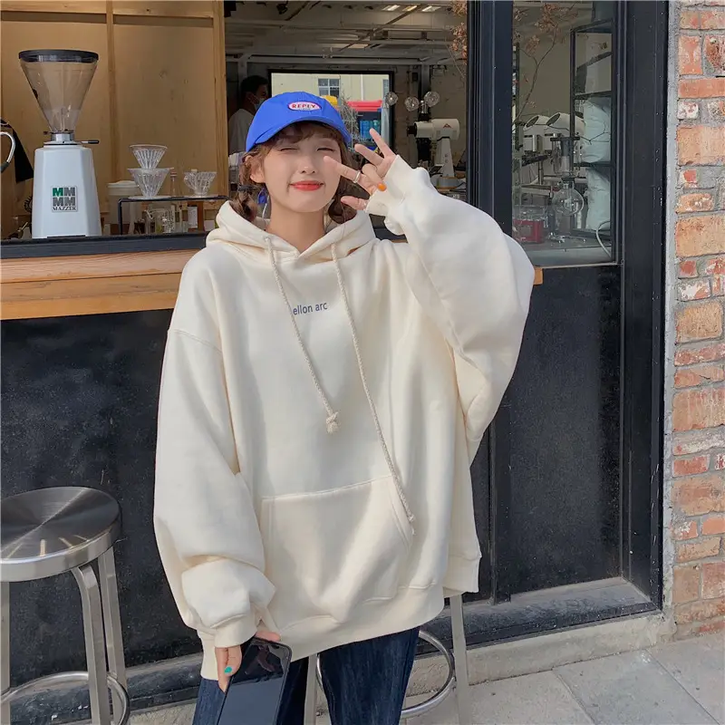 Women Hooded Sweatshirt Cream Loose Oversize Winter Coat Top — feature 19