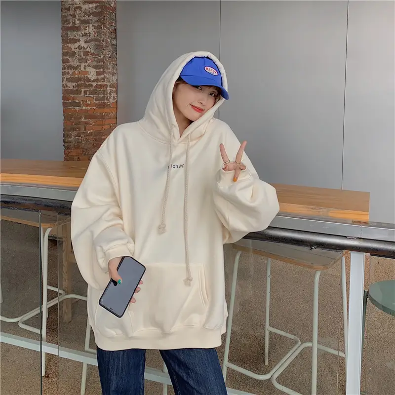 Women Hooded Sweatshirt Cream Loose Oversize Winter Coat Top — feature 20