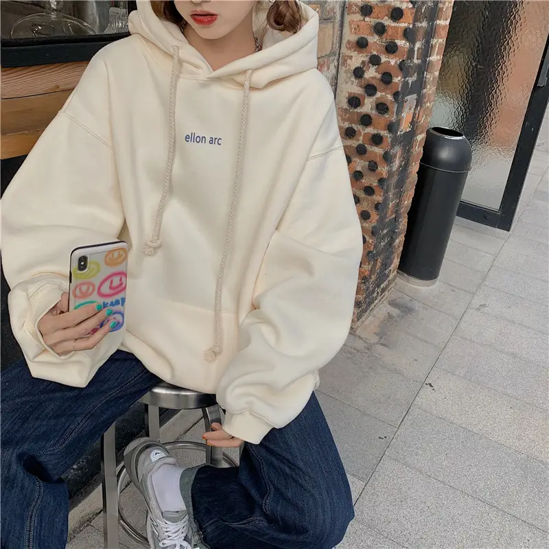 Women Hooded Sweatshirt Cream Loose Oversize Winter Coat Top — feature 21