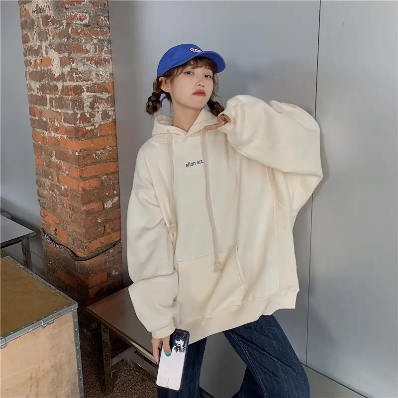 Women Hooded Sweatshirt Cream Loose Oversize Winter Coat Top — feature 22