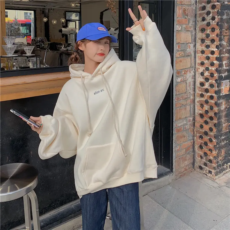 Women Hooded Sweatshirt Cream Loose Oversize Winter Coat Top — feature 23
