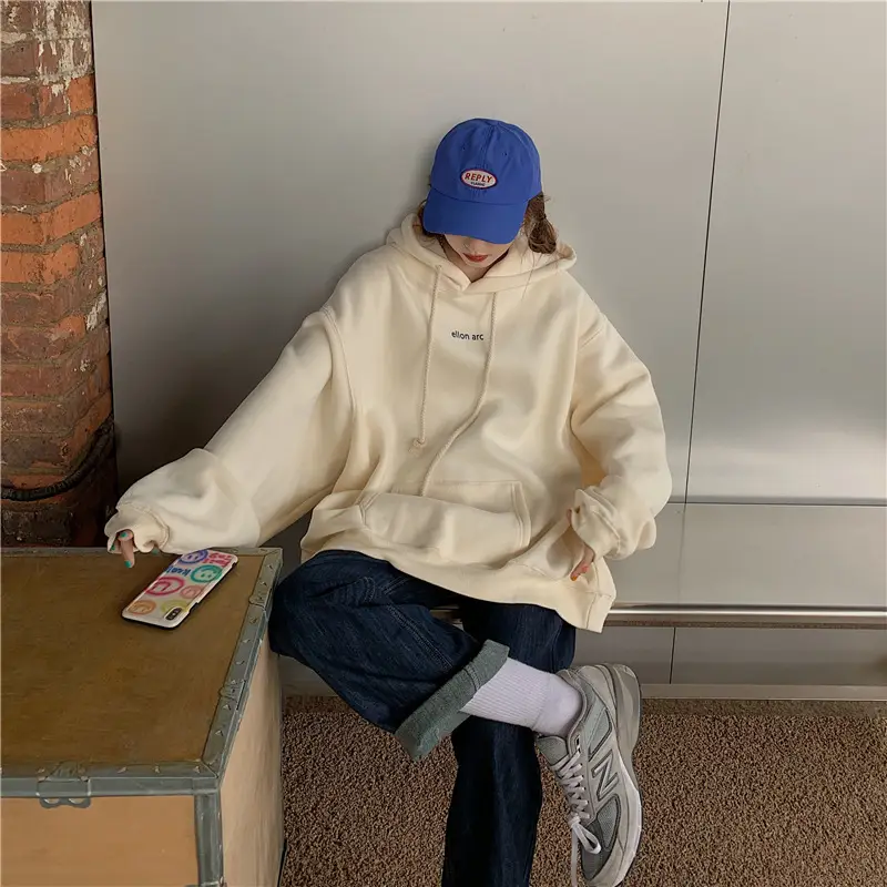 Women Hooded Sweatshirt Cream Loose Oversize Winter Coat Top — feature 24