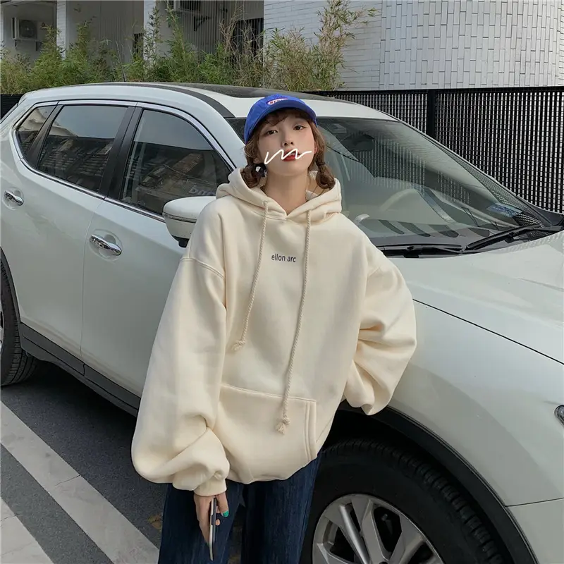 Women Hooded Sweatshirt Cream Loose Oversize Winter Coat Top — feature 25