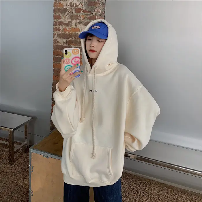 Women Hooded Sweatshirt Cream Loose Oversize Winter Coat Top - Image 2