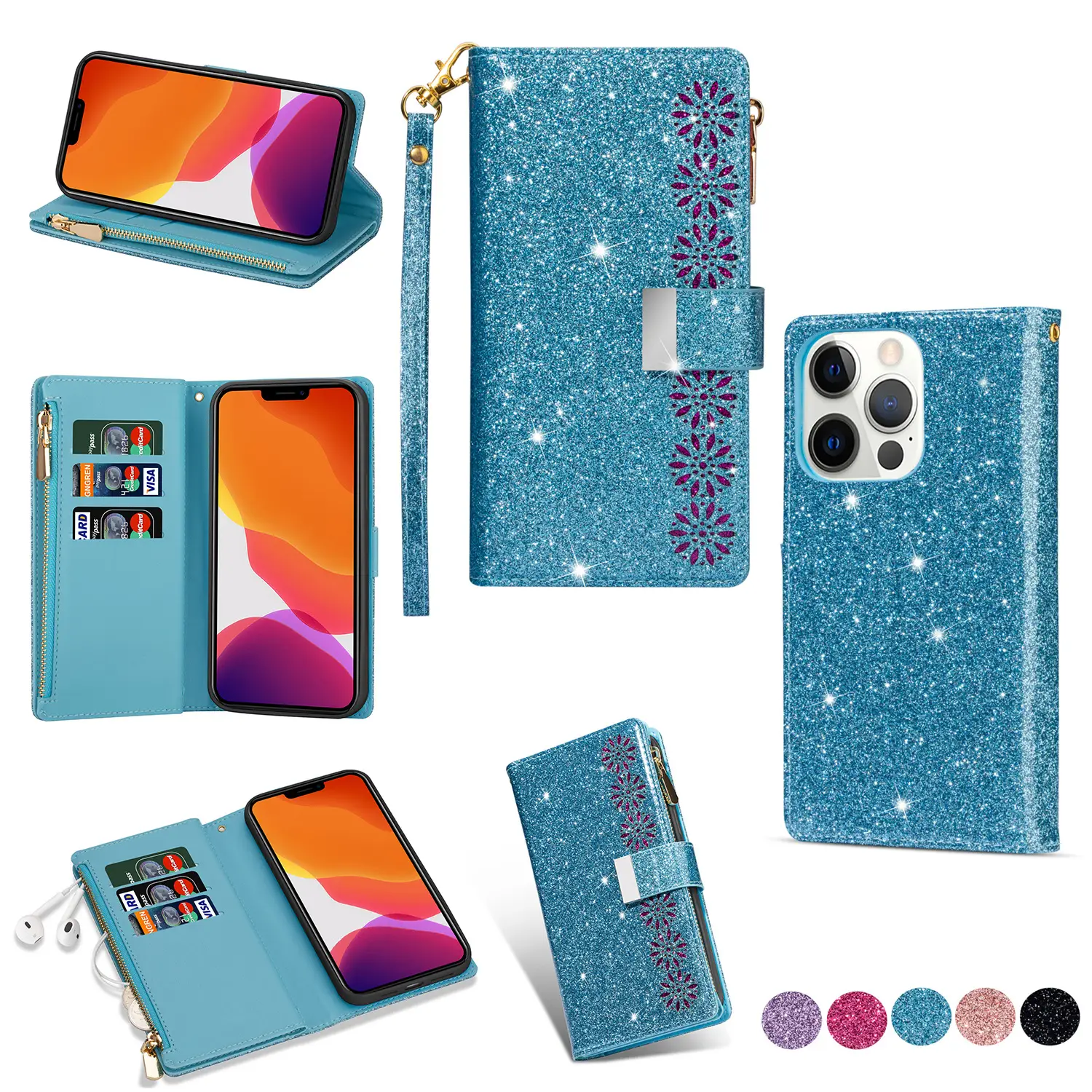 Pink Star Laser iPhone14Pro Mobile Case with Card Holder