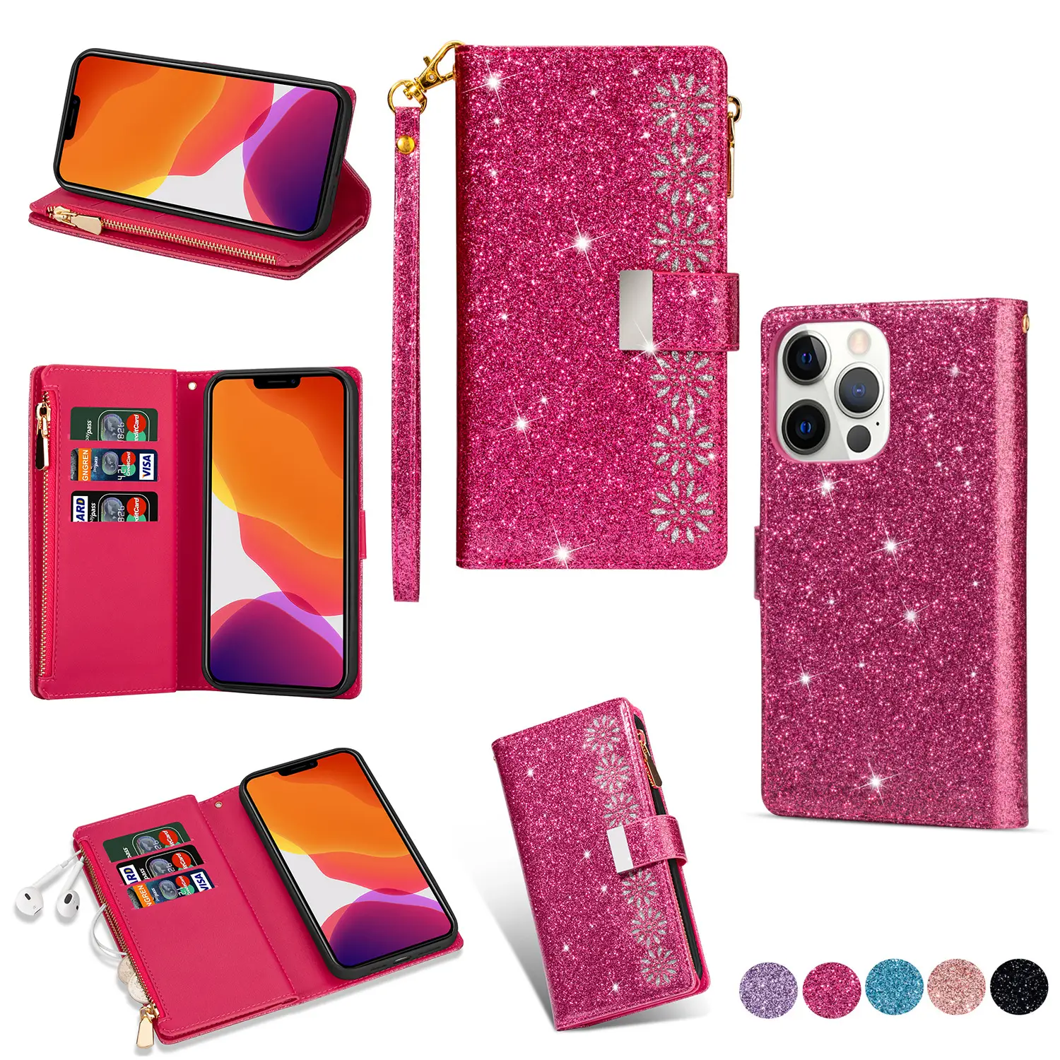 Pink Star Laser iPhone14Pro Mobile Case with Card Holder