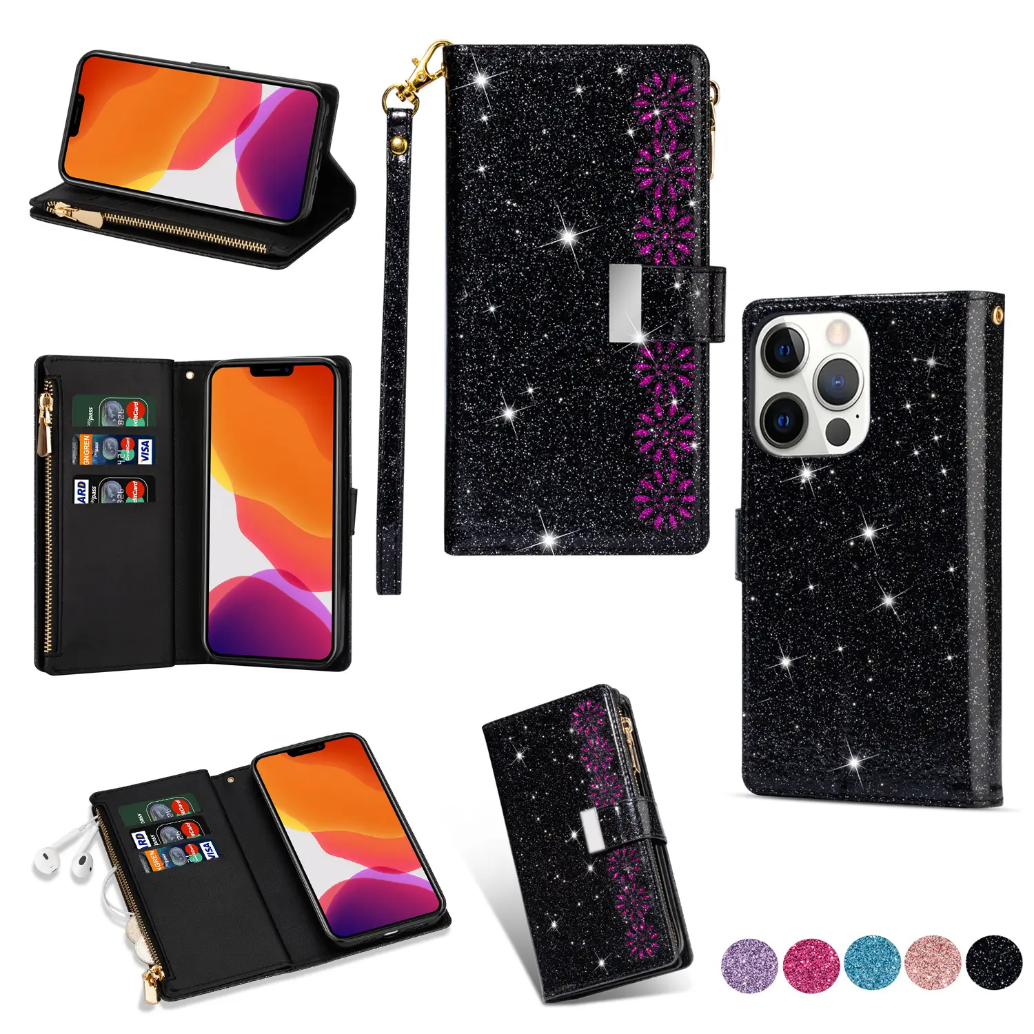 Pink Star Laser iPhone14Pro Mobile Case with Card Holder