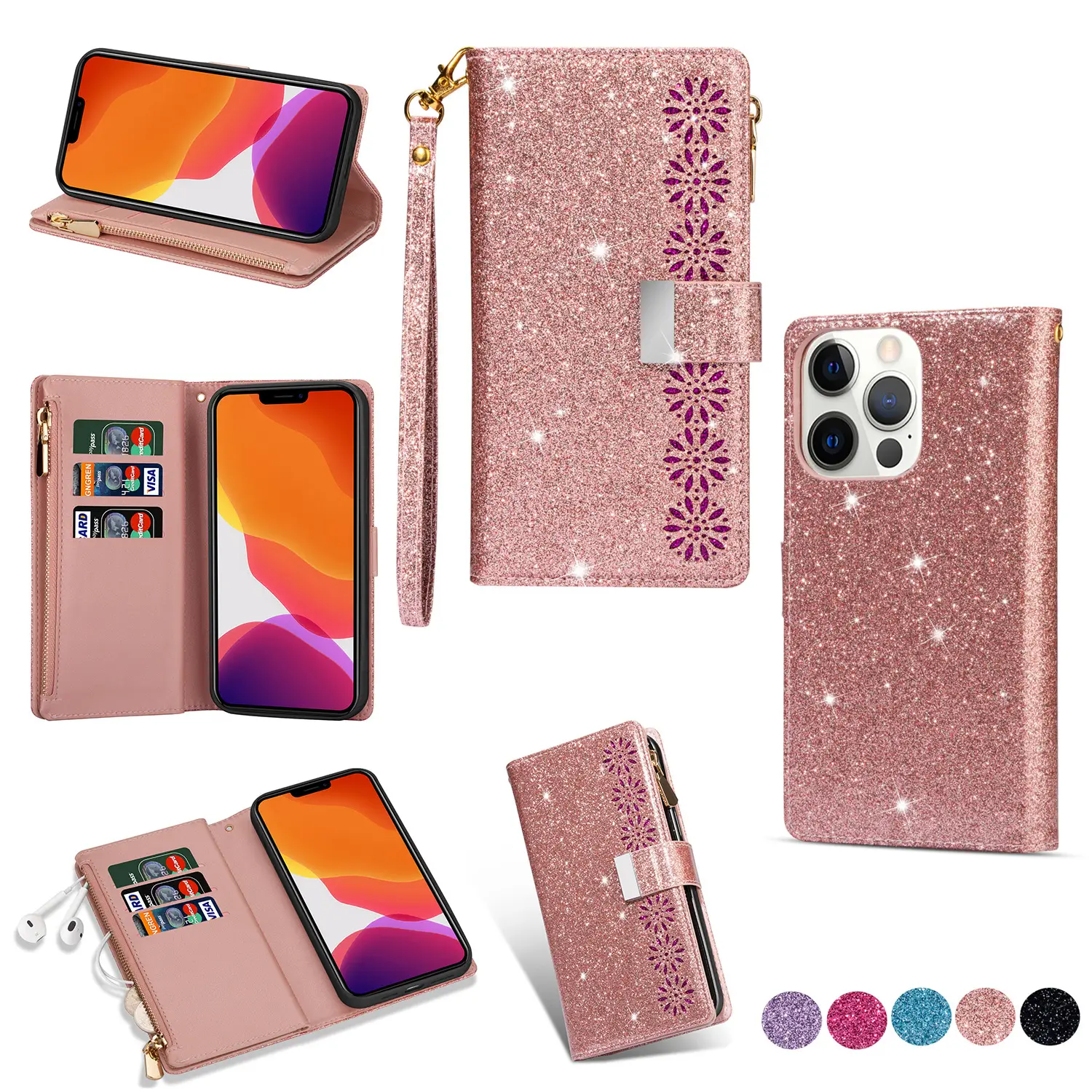 Pink Star Laser iPhone14Pro Mobile Case with Card Holder