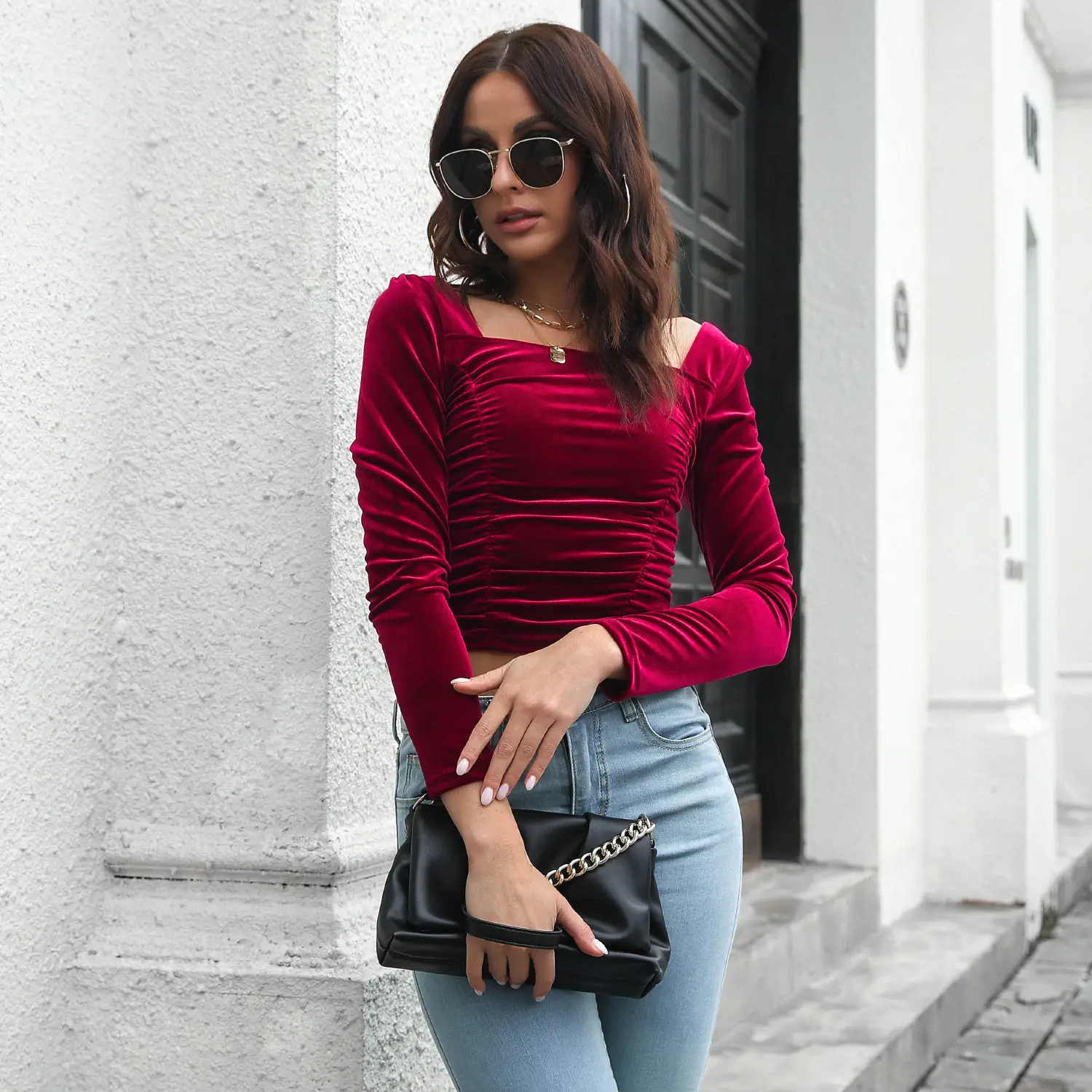 Beige Velvet Crop Top with Long Sleeve & Collar - Image 6