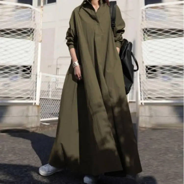 Long Sleeve Loose Dress Army Green White Large Swing Cotton Linen - Image 3