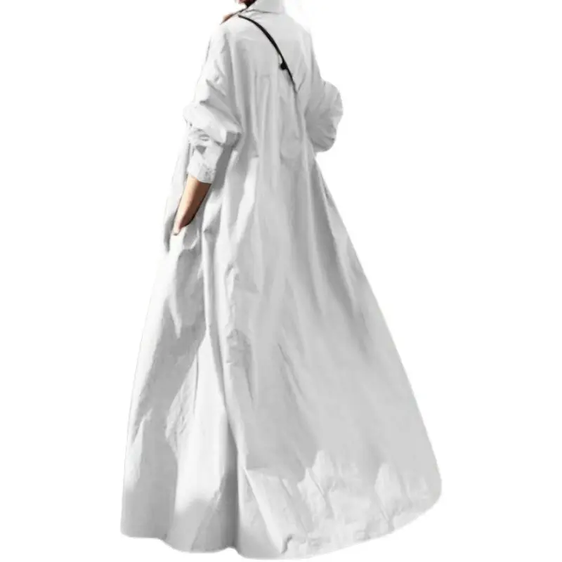 Long Sleeve Loose Dress Army Green White Large Swing Cotton Linen - Image 4
