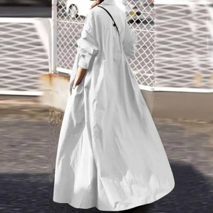 Long Sleeve Loose Dress Army Green White Large Swing Cotton Linen — feature 7