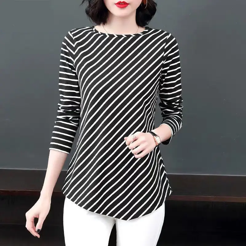 Women Long Sleeve Striped T-Shirt Brown Black Large - Image 5