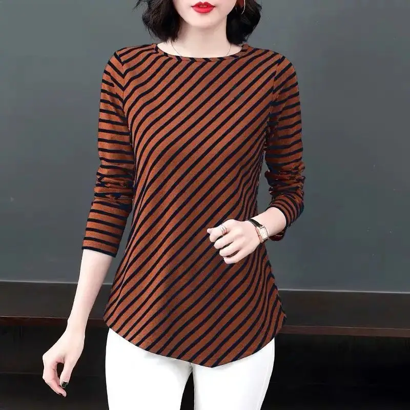Women Long Sleeve Striped T-Shirt Brown Black Large - Image 6