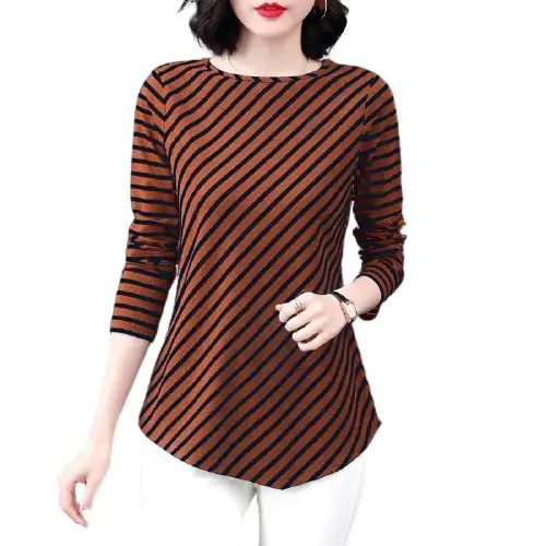 Women Long Sleeve Striped T-Shirt Brown Black Large - Image 8