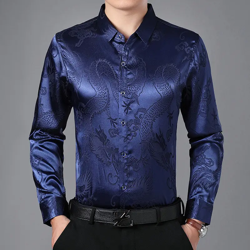 Blue Dragon Embroidered Long Sleeve Shirt for Men - Image 2