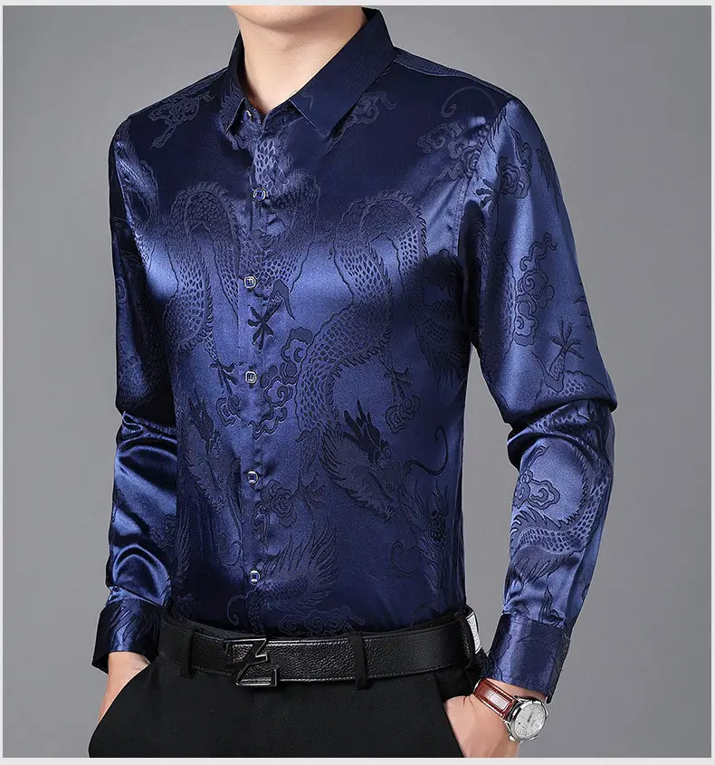 Blue Dragon Embroidered Long Sleeve Shirt for Men — feature 25