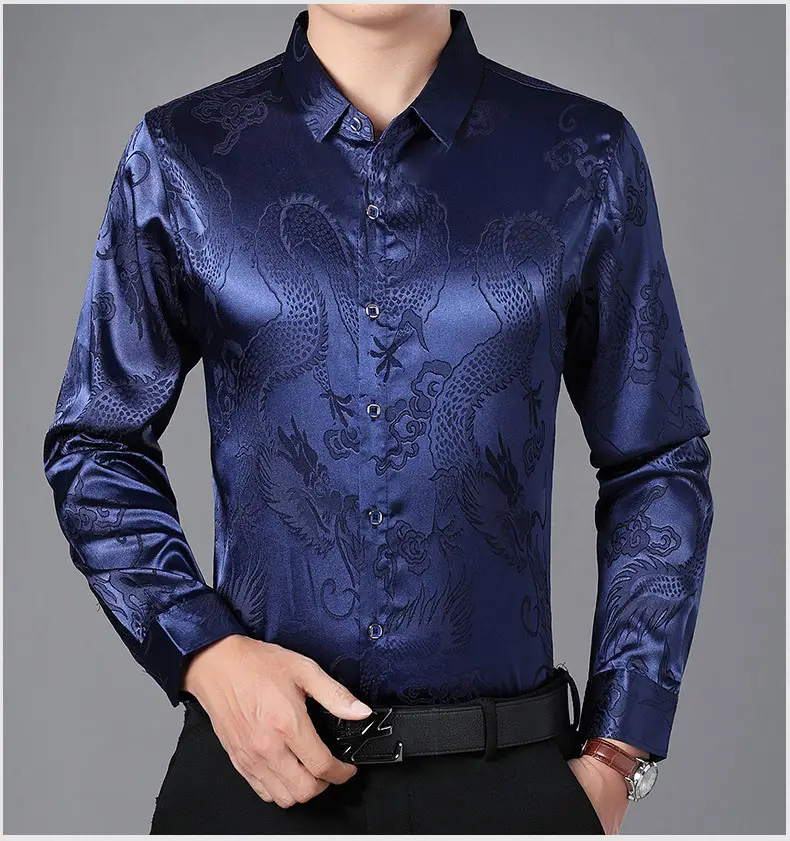 Blue Dragon Embroidered Long Sleeve Shirt for Men — feature 27