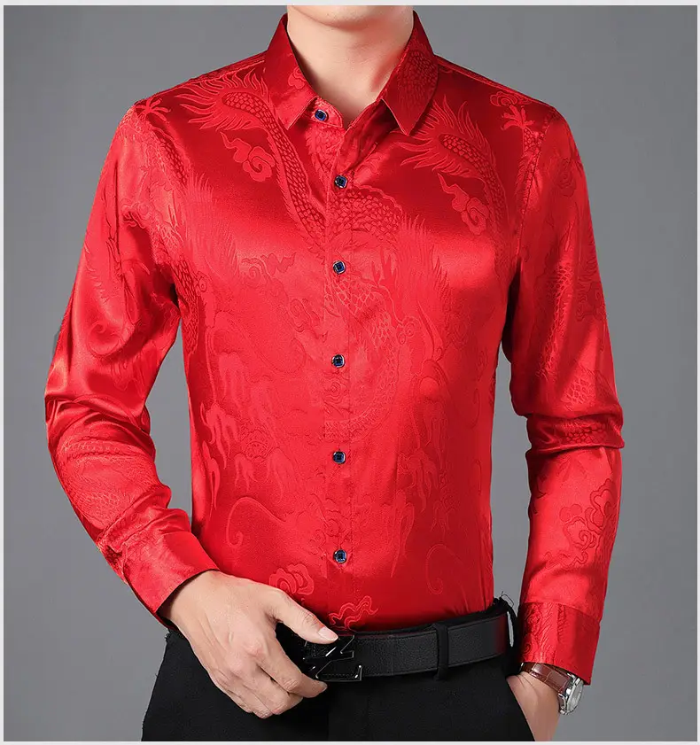 Blue Dragon Embroidered Long Sleeve Shirt for Men — feature 6