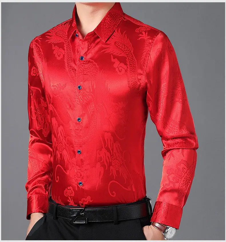 Blue Dragon Embroidered Long Sleeve Shirt for Men — feature 7