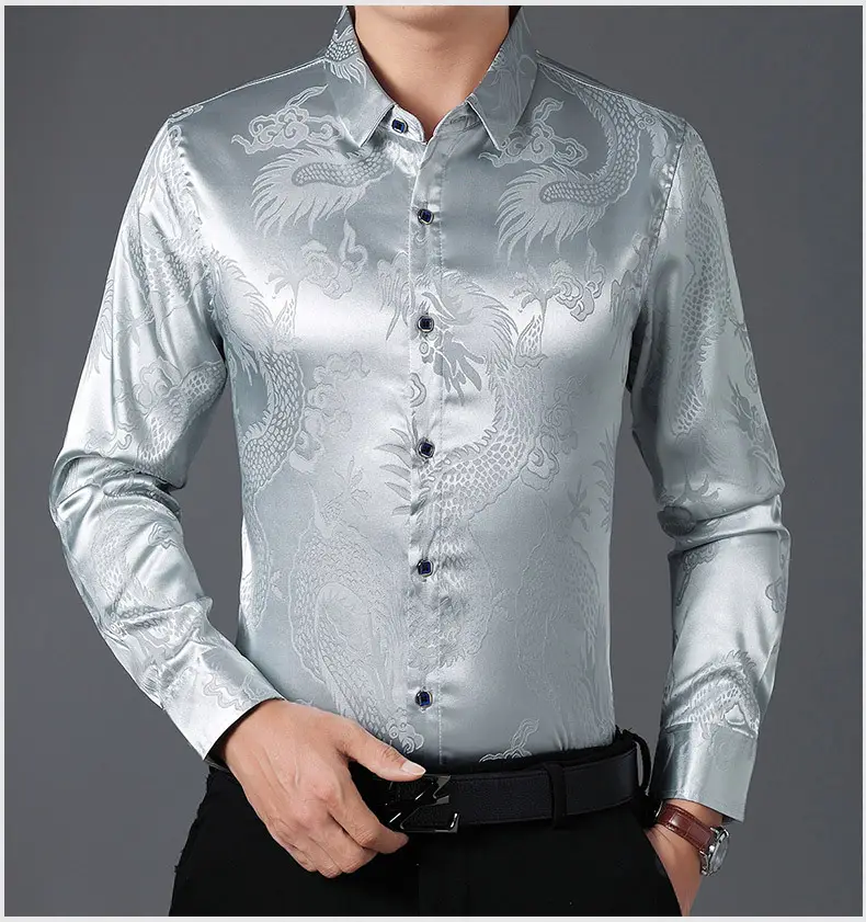 Blue Dragon Embroidered Long Sleeve Shirt for Men — feature 8