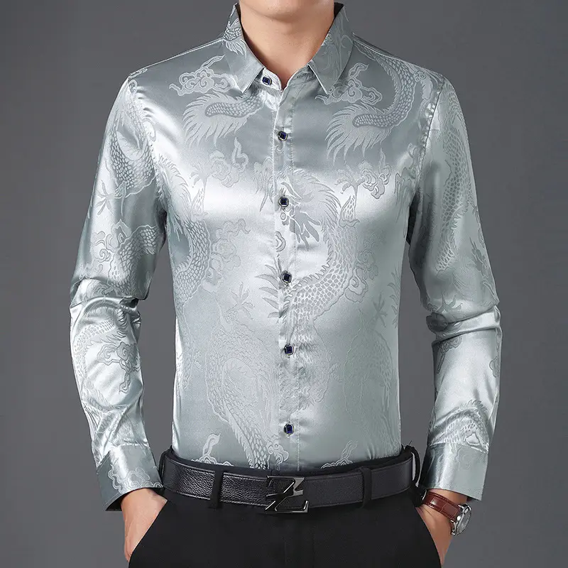 Blue Dragon Embroidered Long Sleeve Shirt for Men - Image 3