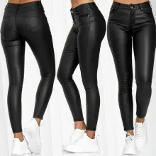 Sexy Slim Pencil Pants for Women Mid Waist Stretch PU Leather — feature 7