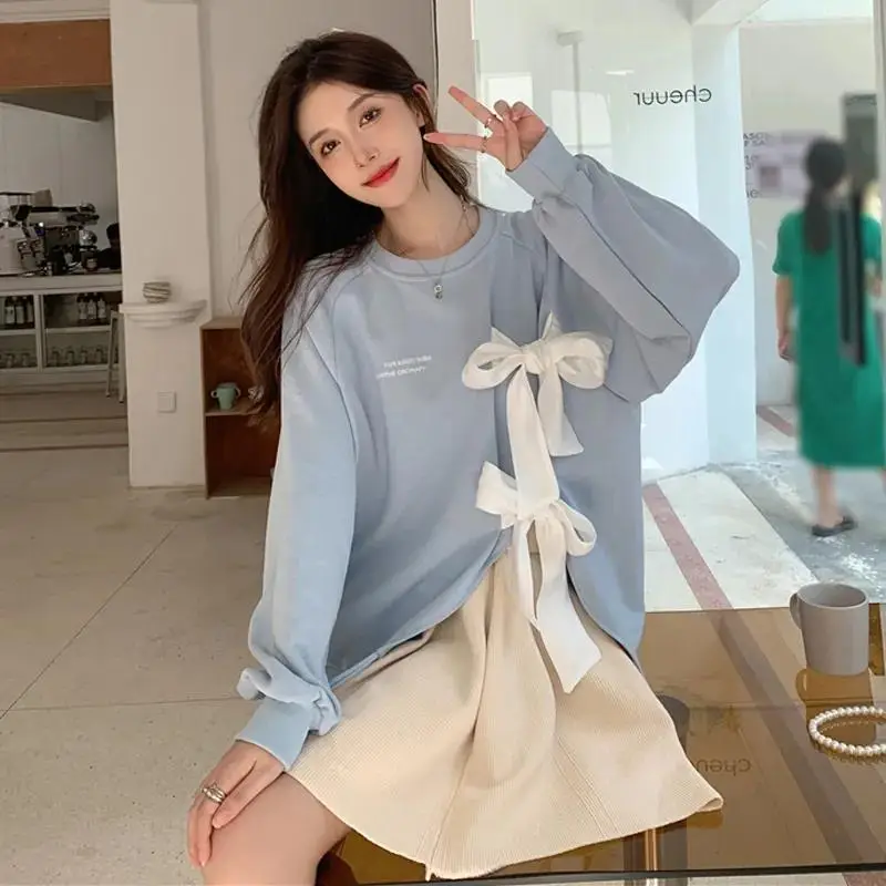Women's Bow Strap Pullover Sweatshirt Light Blue Summer Top - Image 4